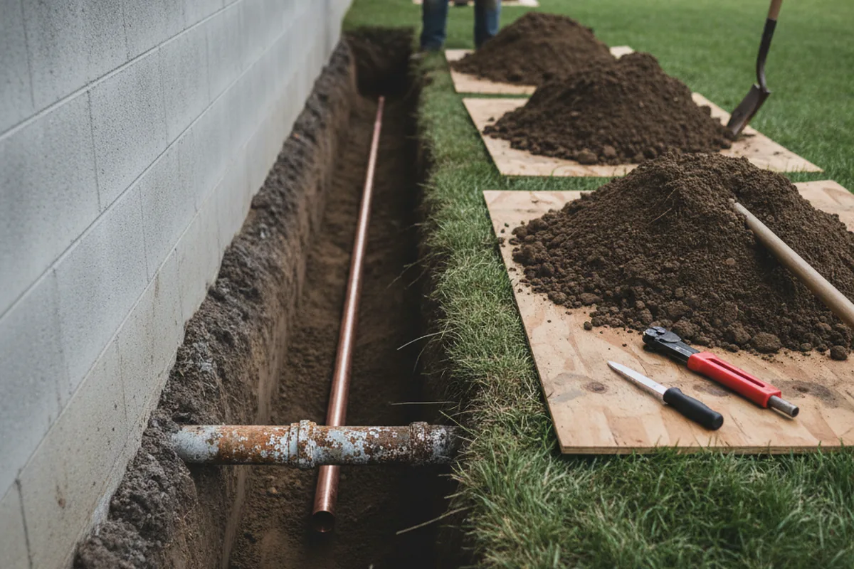 Excavated water line trench during Sewer Line Repair in Star